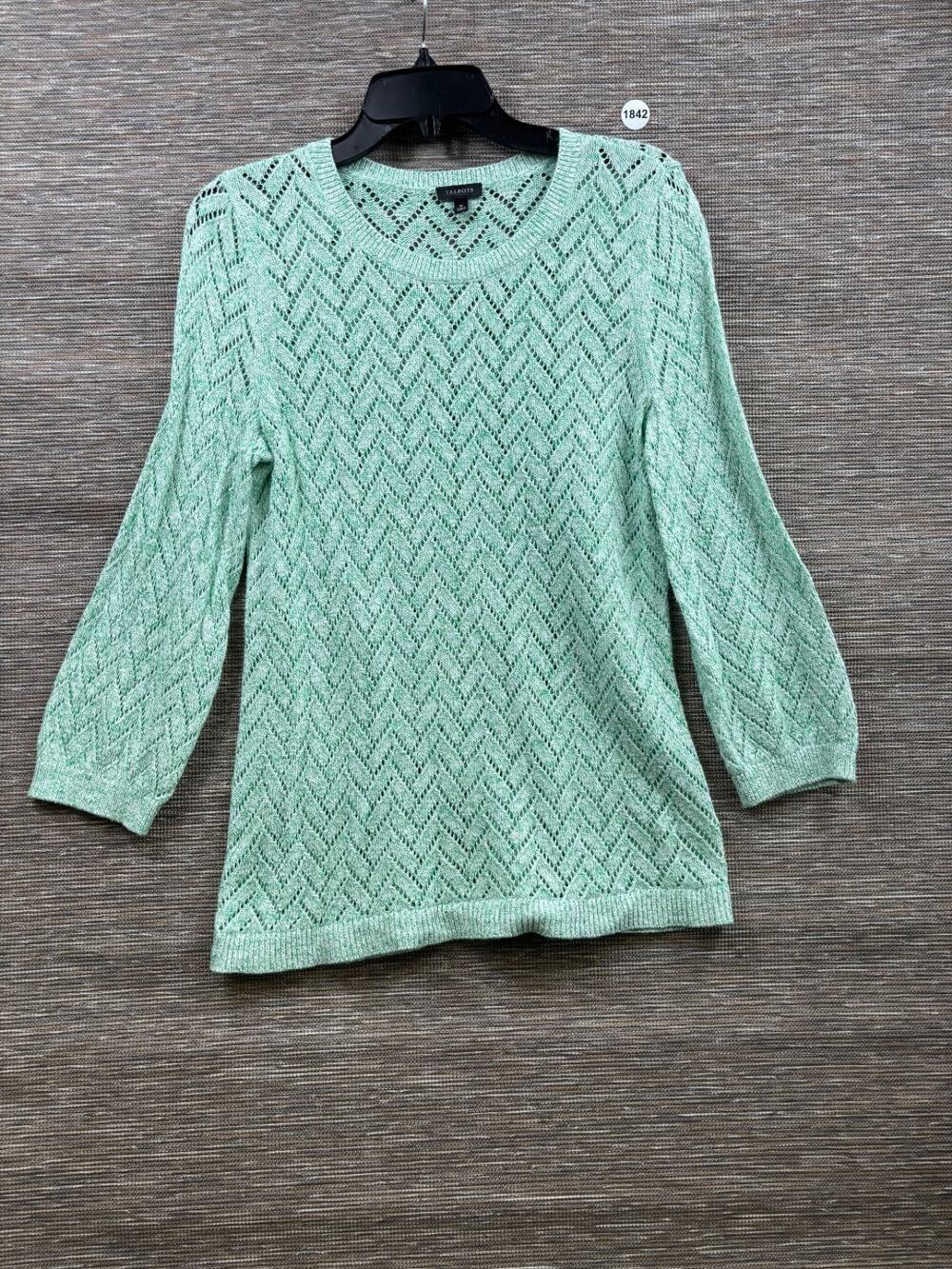 Talbots Linen Blend Knit Sweater Women's Size M Green Crochet Geometric Pullover